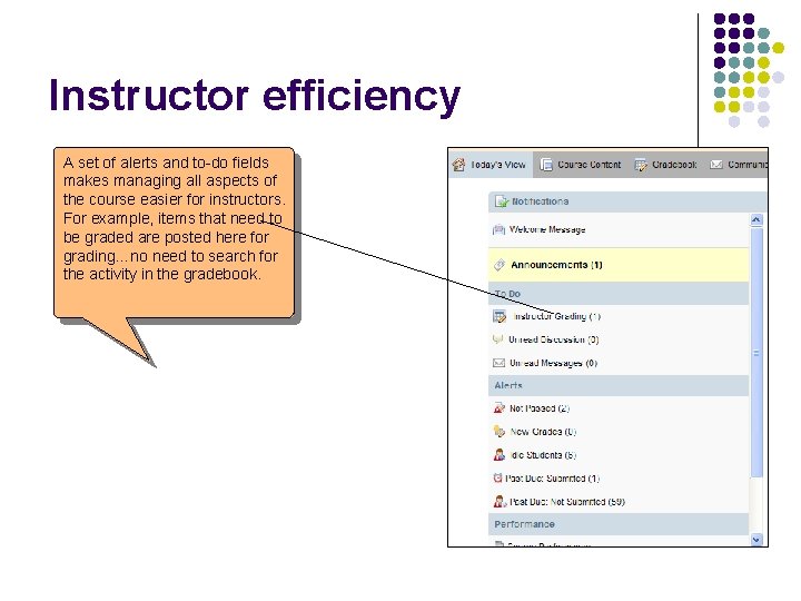 Instructor efficiency A set of alerts and to-do fields makes managing all aspects of