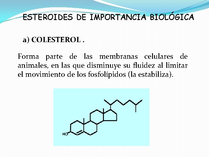ESTEROIDES DE IMPORTANCIA BIOLÓGICA a) COLESTEROL. Forma parte de las membranas celulares de animales,