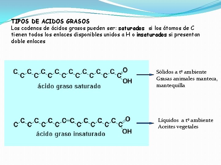 TIPOS DE ACIDOS GRASOS Las cadenas de ácidos grasos pueden ser: saturados si los