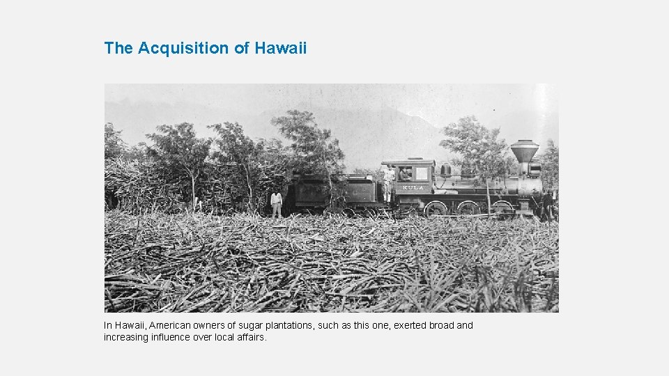 The Acquisition of Hawaii In Hawaii, American owners of sugar plantations, such as this