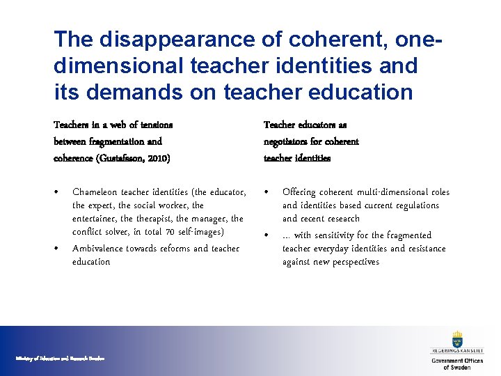 The disappearance of coherent, onedimensional teacher identities and its demands on teacher education Teachers