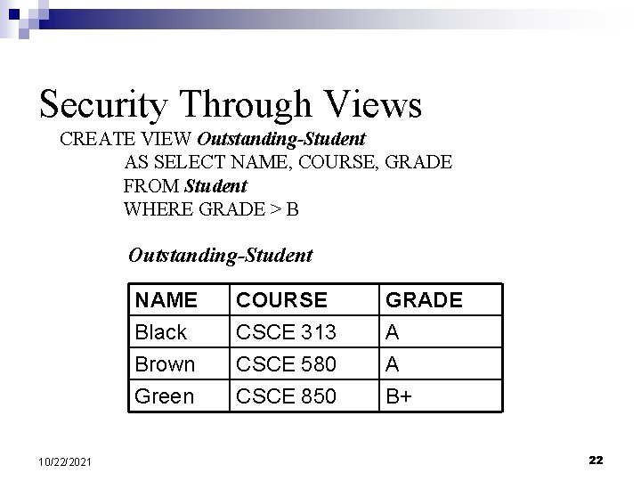 Security Through Views CREATE VIEW Outstanding-Student AS SELECT NAME, COURSE, GRADE FROM Student WHERE