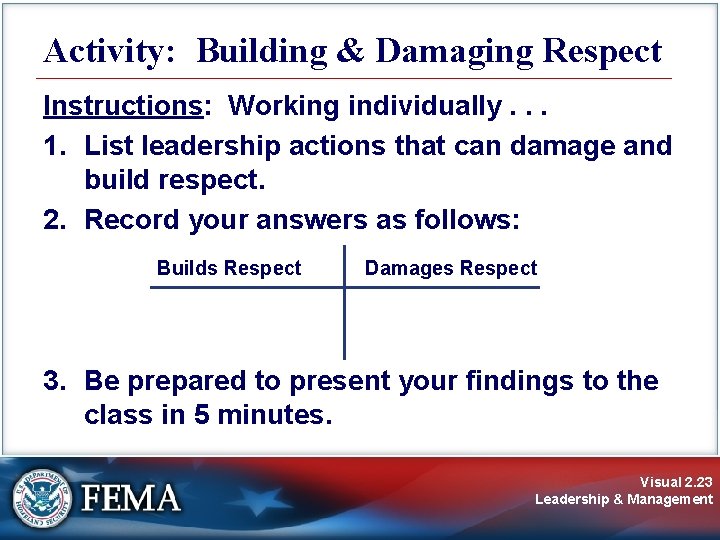 Activity: Building & Damaging Respect Instructions: Working individually. . . 1. List leadership actions Activity: Building & Damaging Respect Instructions: Working individually. . . 1. List leadership actions