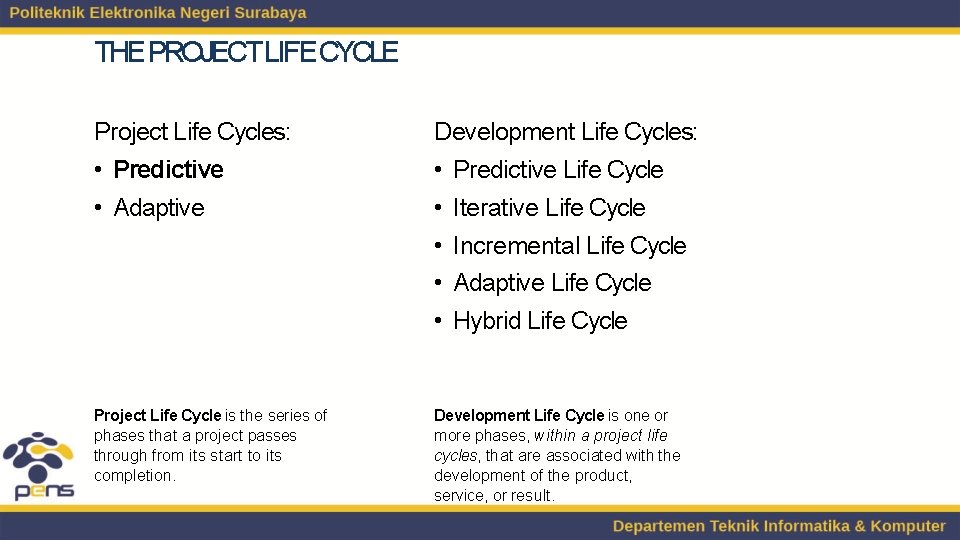 THE PROJECT LIFECYCLE Project Life Cycles: Development Life Cycles: • Predictive • Adaptive •