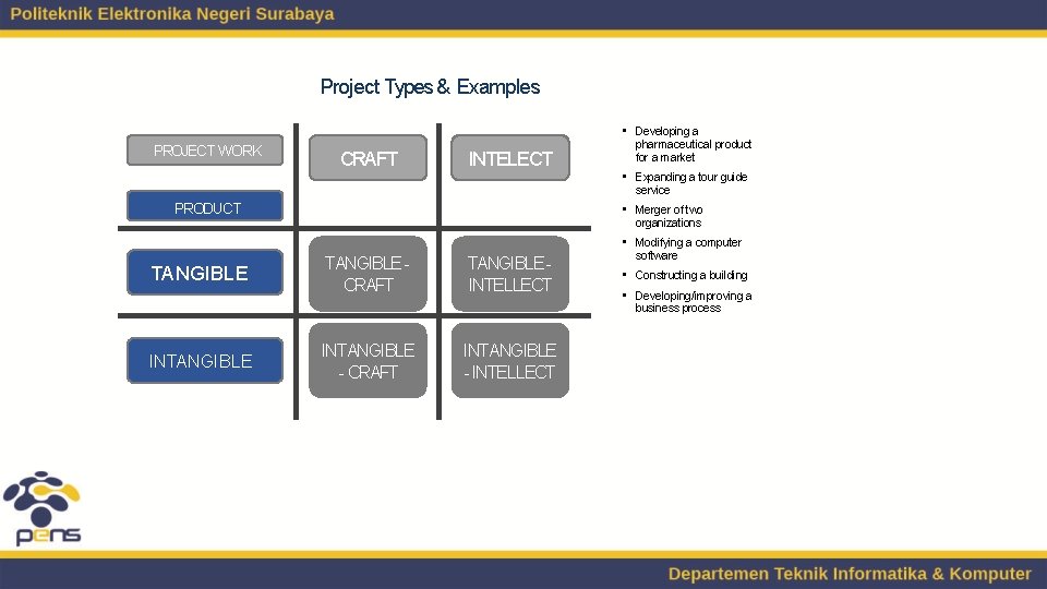 Project Types & Examples PROJECT WORK CRAFT INTELECT • Developing a pharmaceutical product for