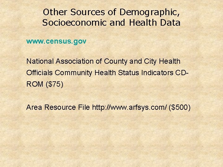 Other Sources of Demographic, Socioeconomic and Health Data www. census. gov National Association of