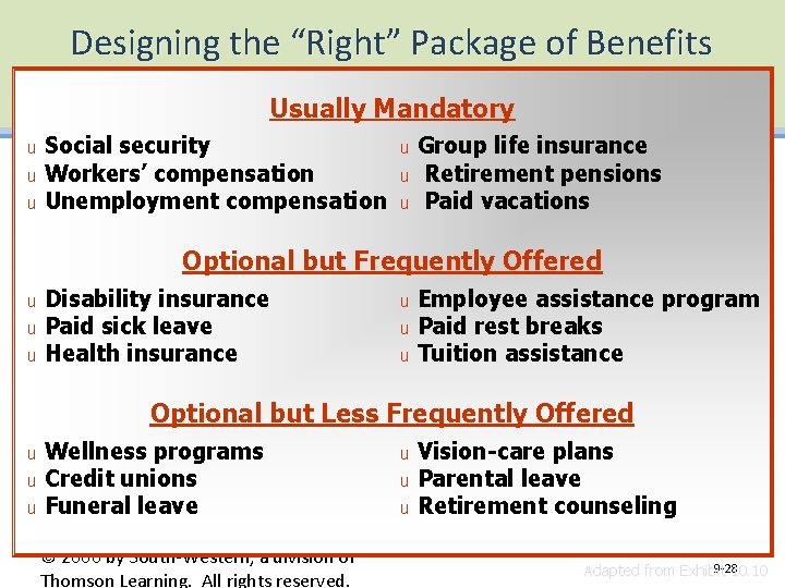 Designing the “Right” Package of Benefits Usually Mandatory Social security u Workers’ compensation u