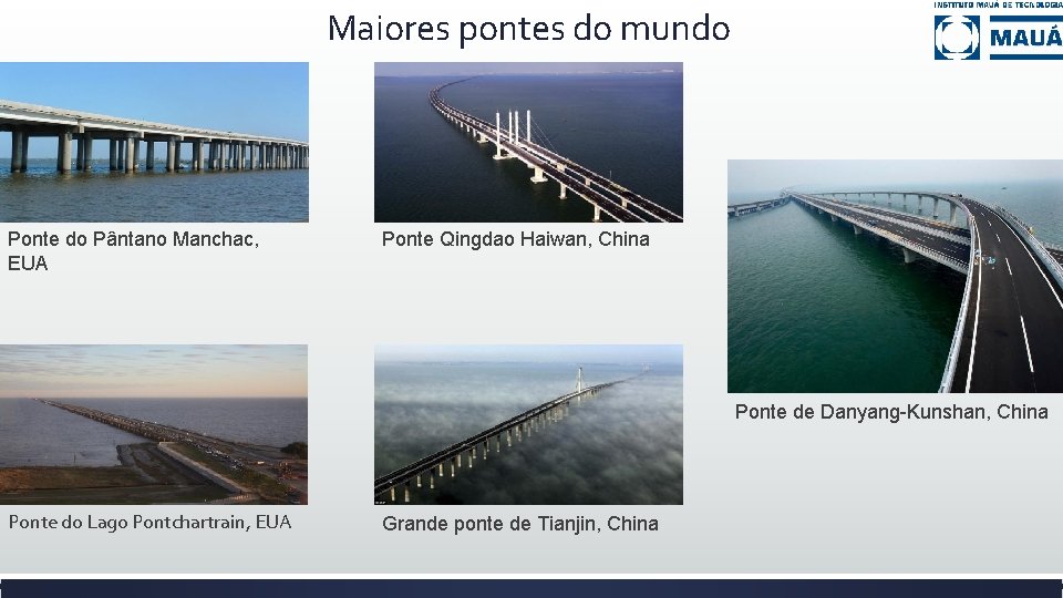 Maiores pontes do mundo Ponte do Pântano Manchac, EUA Ponte Qingdao Haiwan, China Ponte