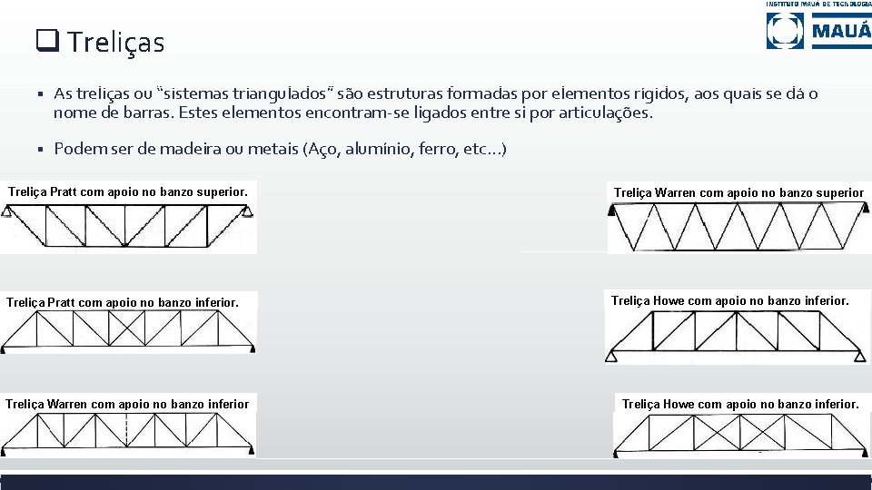 q Treliças § As treliças ou “sistemas triangulados” são estruturas formadas por elementos rígidos,