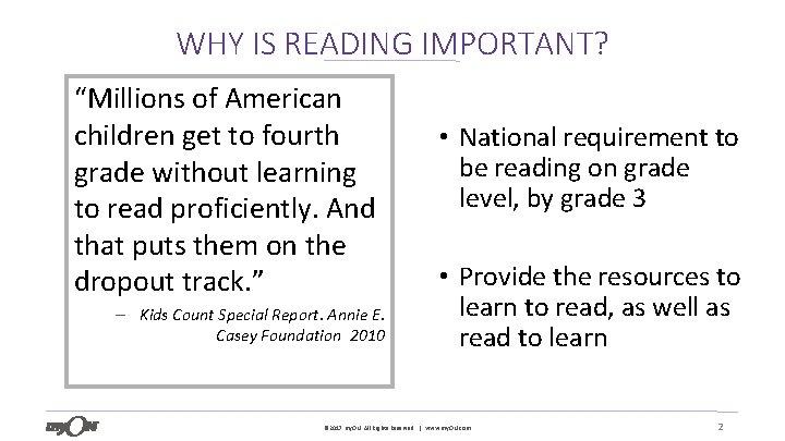 WHY IS READING IMPORTANT? “Millions of American children get to fourth grade without learning