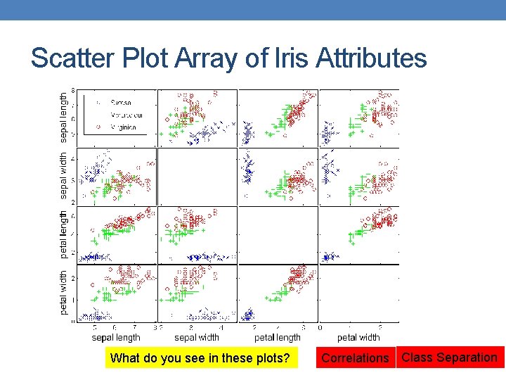 Scatter Plot Array of Iris Attributes What do you see in these plots? Correlations