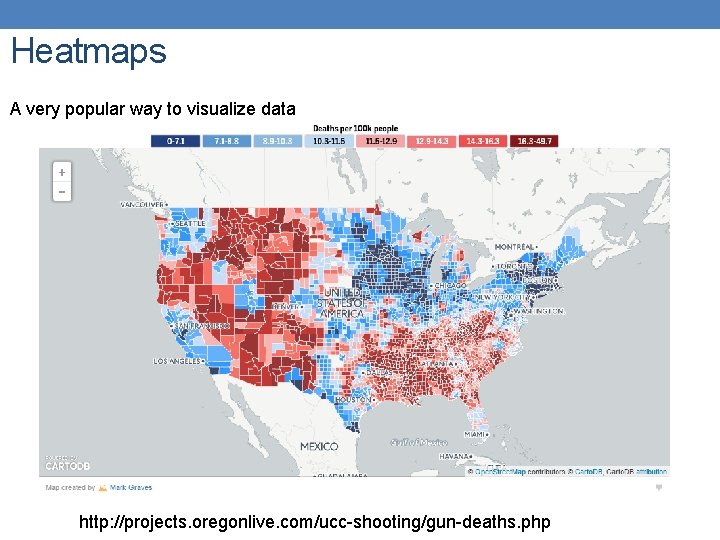 Heatmaps A very popular way to visualize data http: //projects. oregonlive. com/ucc-shooting/gun-deaths. php 