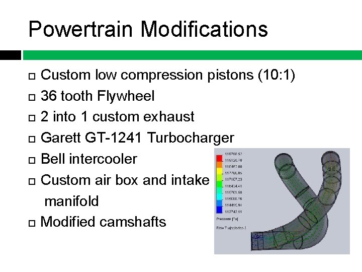 Powertrain Modifications Custom low compression pistons (10: 1) 36 tooth Flywheel 2 into 1