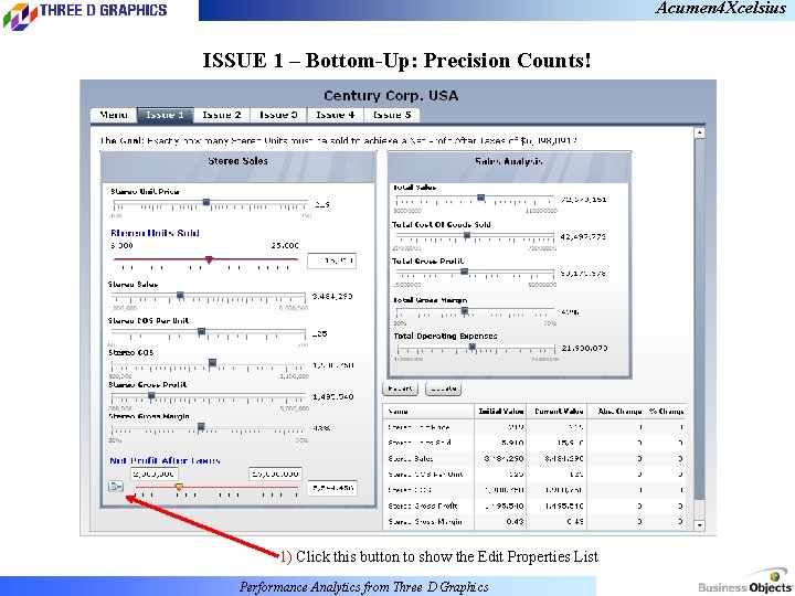 Acumen 4 Xcelsius ISSUE 1 – Bottom-Up: Precision Counts! 1) Click this button to