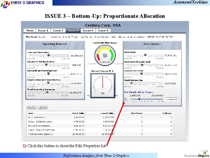 Acumen 4 Xcelsius ISSUE 3 – Bottom-Up: Proportionate Allocation 1) Click this button to
