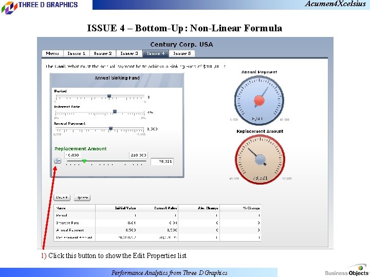 Acumen 4 Xcelsius ISSUE 4 – Bottom-Up: Non-Linear Formula 1) Click this button to