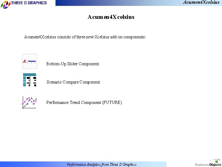 Acumen 4 Xcelsius consists of three new Xcelsius add-on components: Bottom-Up Slider Component Scenario