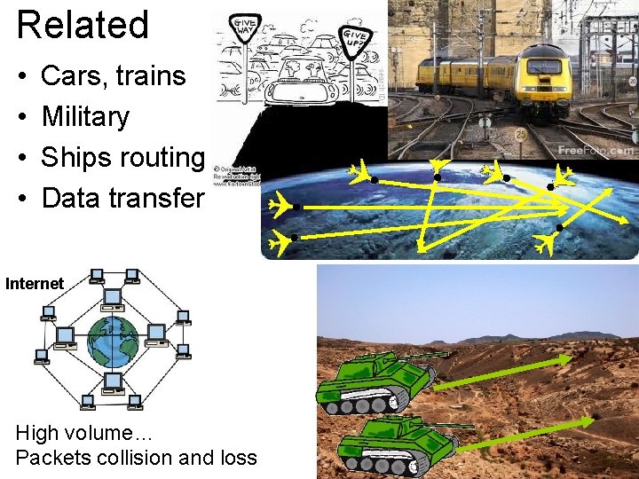 Related • • Cars, trains Military Ships routing Data transfer Internet High volume… Packets