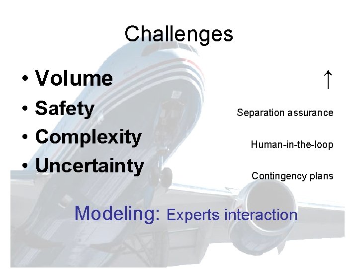 Challenges ↑ • Volume • Safety • Complexity • Uncertainty Separation assurance Human-in-the-loop Contingency