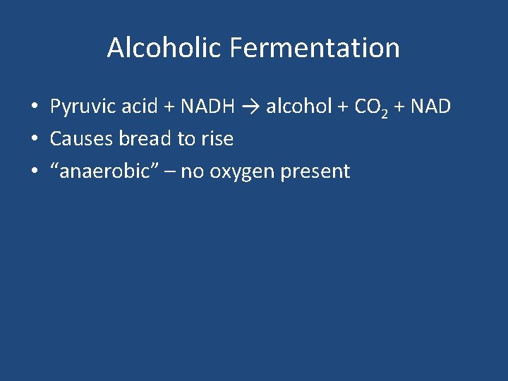 Alcoholic Fermentation • Pyruvic acid + NADH → alcohol + CO 2 + NAD