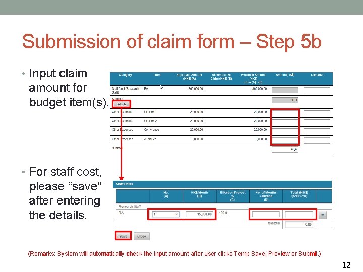 Submission of claim form – Step 5 b • Input claim amount for budget