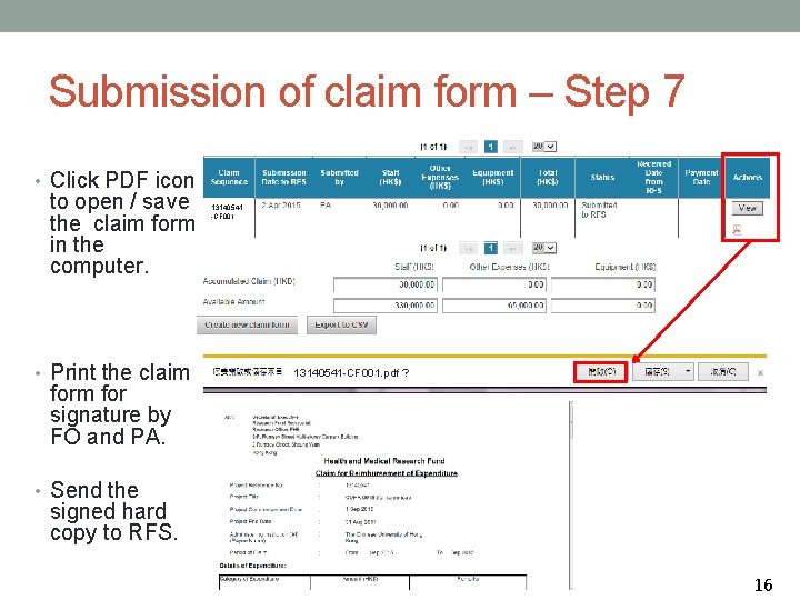 Submission of claim form – Step 7 • Click PDF icon to open /