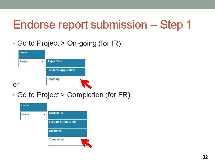 Endorse report submission – Step 1 • Go to Project > On-going (for IR)