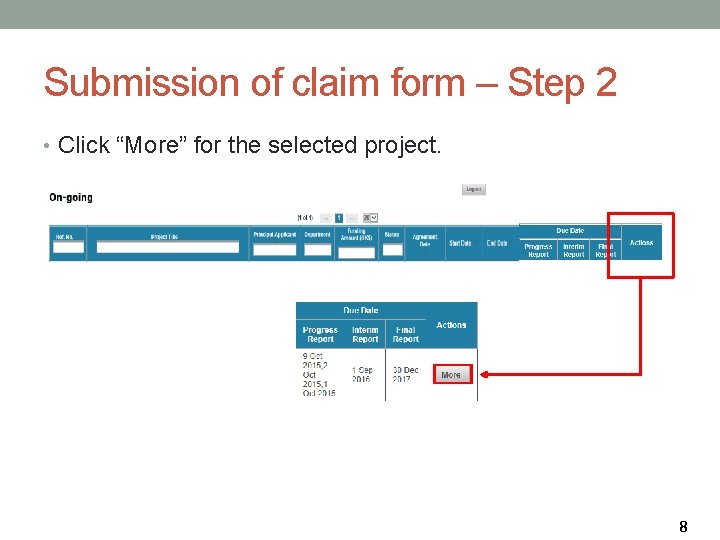 Submission of claim form – Step 2 • Click “More” for the selected project.