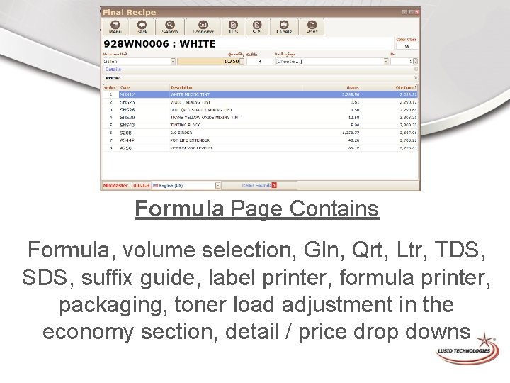 Formula Page Contains Formula, volume selection, Gln, Qrt, Ltr, TDS, SDS, suffix guide, label