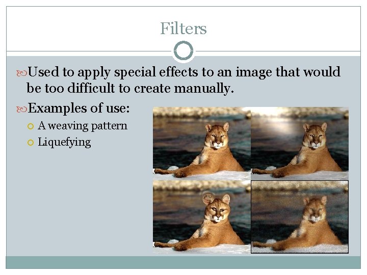 Filters Used to apply special effects to an image that would be too difficult Filters Used to apply special effects to an image that would be too difficult