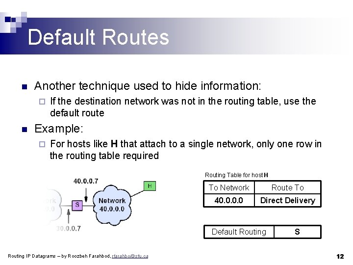 Default Routes n Another technique used to hide information: ¨ n If the destination