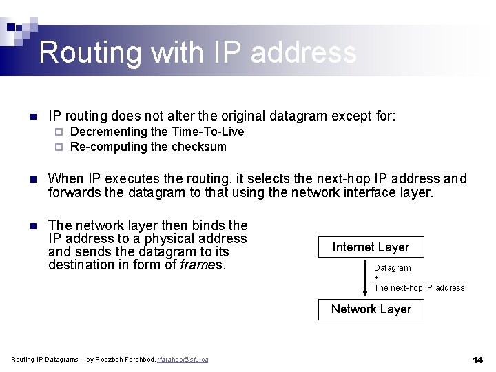 Routing with IP address n IP routing does not alter the original datagram except