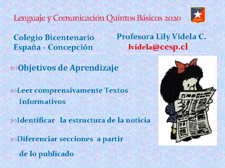 Lenguaje y Comunicación Quintos Básicos 2020 Colegio Bicentenario España - Concepción Profesora Lily Videla