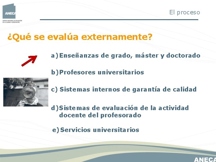 El proceso ¿Qué se evalúa externamente? a) Enseñanzas de grado, máster y doctorado b) El proceso ¿Qué se evalúa externamente? a) Enseñanzas de grado, máster y doctorado b)