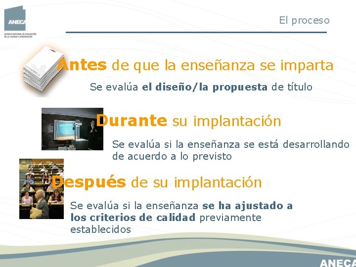El proceso Antes de que la enseñanza se imparta Se evalúa el diseño/la propuesta El proceso Antes de que la enseñanza se imparta Se evalúa el diseño/la propuesta