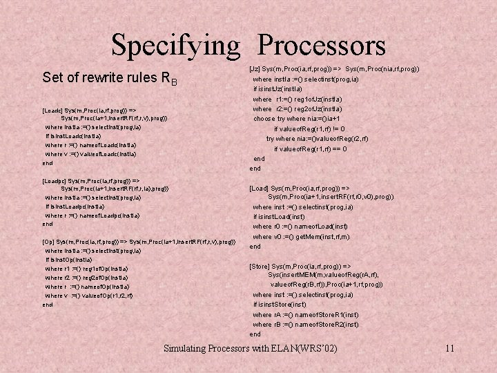Specifying Processors Set of rewrite rules RB [Loadc] Sys(m, Proc(ia, rf, prog)) => Sys(m,