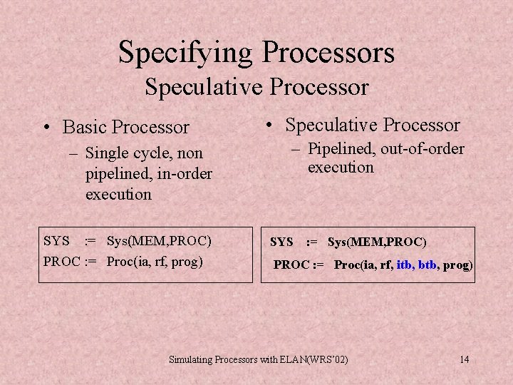 Specifying Processors Speculative Processor • Basic Processor – Single cycle, non pipelined, in-order execution Specifying Processors Speculative Processor • Basic Processor – Single cycle, non pipelined, in-order execution