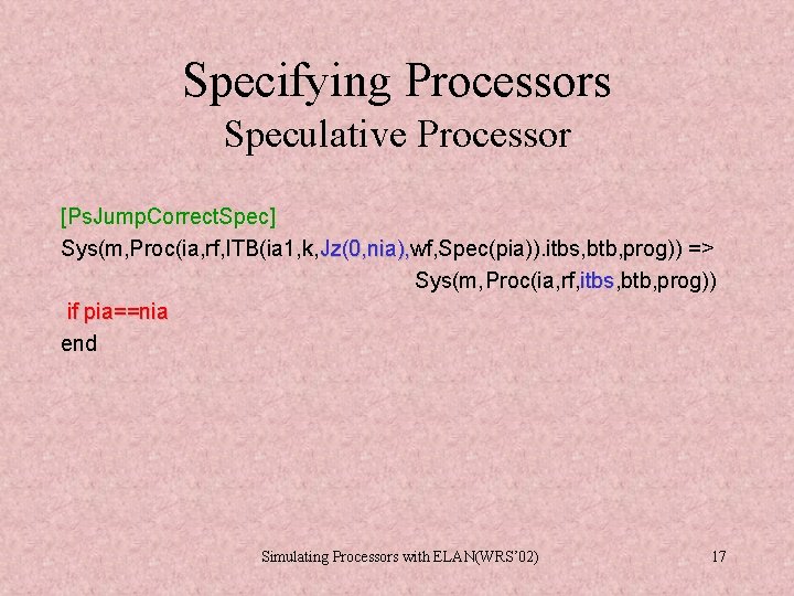 Specifying Processors Speculative Processor [Ps. Jump. Correct. Spec] Sys(m, Proc(ia, rf, ITB(ia 1, k,