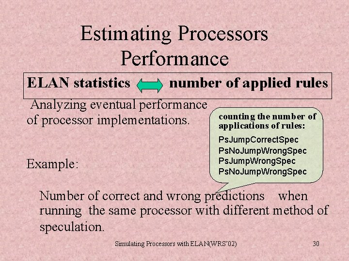 Estimating Processors Performance ELAN statistics number of applied rules Analyzing eventual performance of processor Estimating Processors Performance ELAN statistics number of applied rules Analyzing eventual performance of processor
