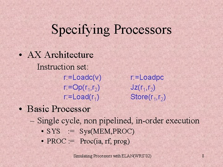 Specifying Processors • AX Architecture Instruction set: r: =Loadc(v) r: =Op(r 1, r 2) Specifying Processors • AX Architecture Instruction set: r: =Loadc(v) r: =Op(r 1, r 2)