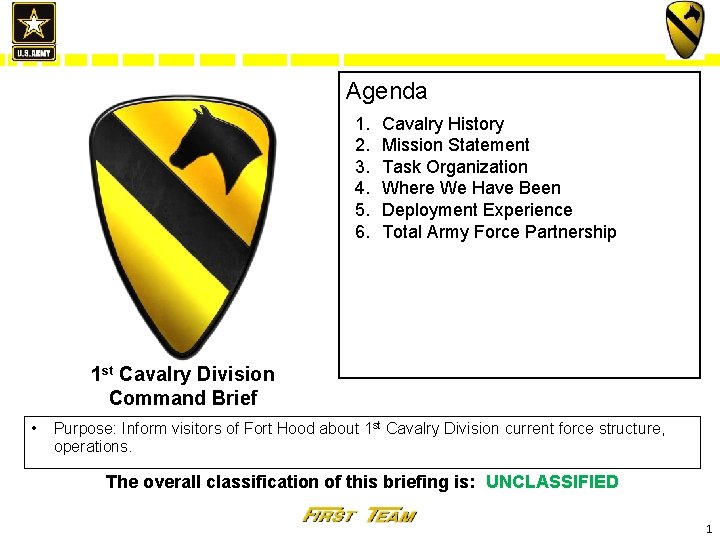 Agenda 1. 2. 3. 4. 5. 6. Cavalry History Mission Statement Task Organization Where