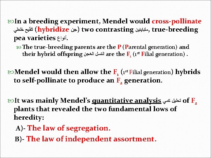  In a breeding experiment, Mendel would cross-pollinate ( ﺗﻠﻘﻴﺢ ﺧﻠﻄﻲ hybridize )ﺟﻦ two