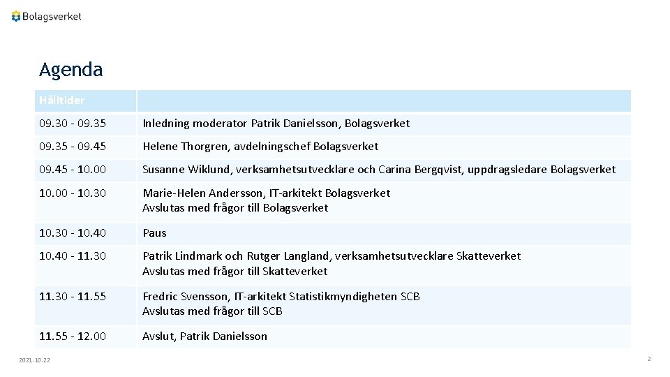 Agenda Hålltider 09. 30 - 09. 35 Inledning moderator Patrik Danielsson, Bolagsverket 09. 35