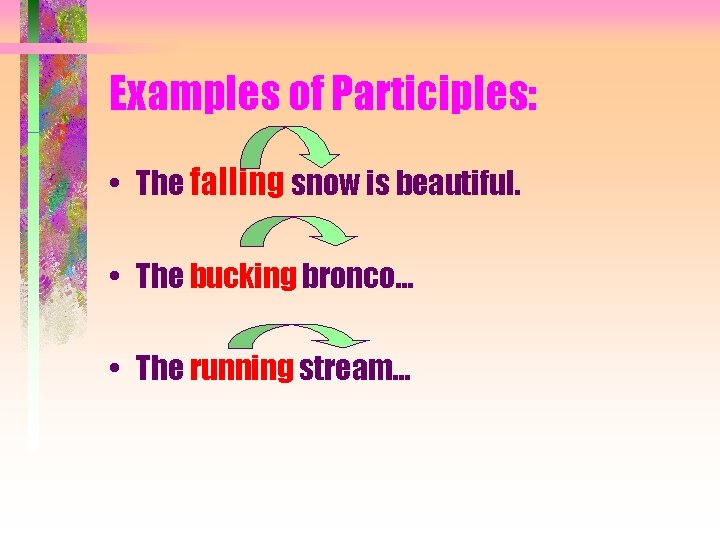 Examples of Participles: • The falling snow is beautiful. • The bucking bronco… •