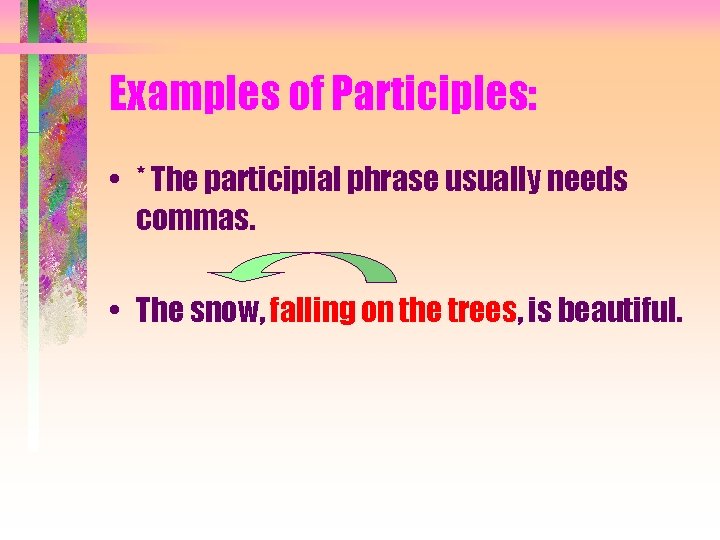Examples of Participles: • * The participial phrase usually needs commas. • The snow,
