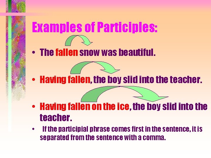 Examples of Participles: • The fallen snow was beautiful. • Having fallen, the boy