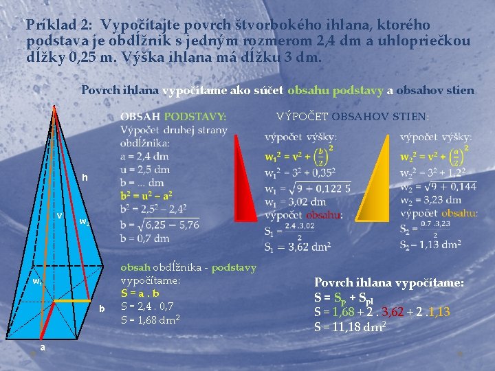 Príklad 2: Vypočítajte povrch štvorbokého ihlana, ktorého podstava je obdĺžnik s jedným rozmerom 2,