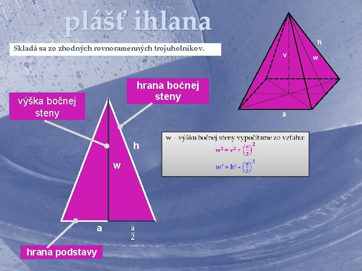 plášť ihlana Skladá sa zo zhodných rovnoramenných trojuholníkov. h v hrana bočnej steny výška