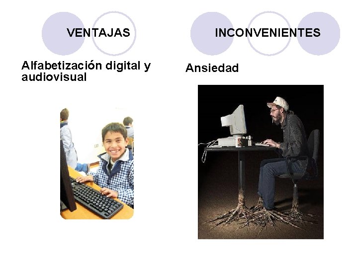 VENTAJAS Alfabetización digital y audiovisual INCONVENIENTES Ansiedad 