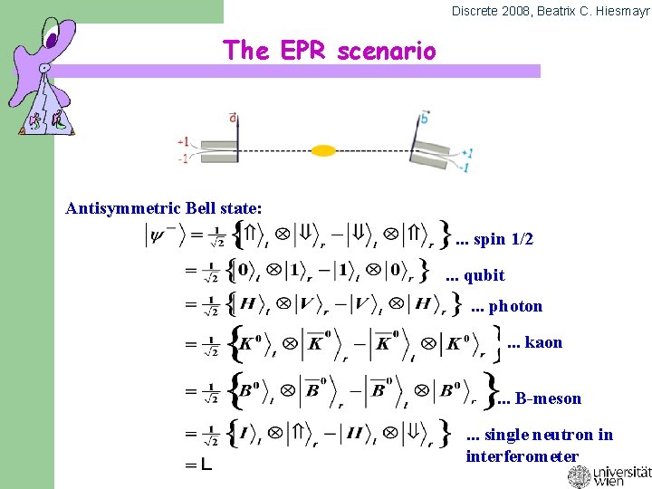 Discrete 2008, Beatrix C. Hiesmayr The EPR scenario Antisymmetric Bell state: . . .